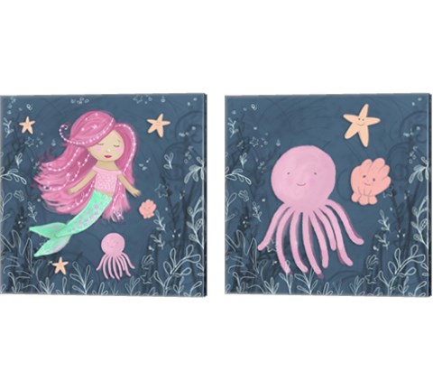 Mermaid and Octopus Navy 2 Piece Canvas Print Set by Hartworks
