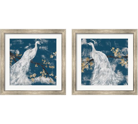 White Peacock on Indigo 2 Piece Framed Art Print Set by Jennifer Goldberger