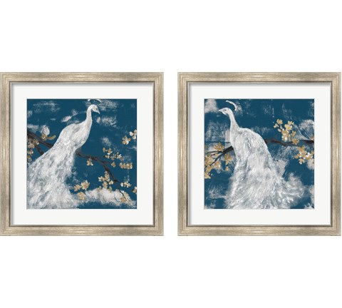 White Peacock on Indigo 2 Piece Framed Art Print Set by Jennifer Goldberger