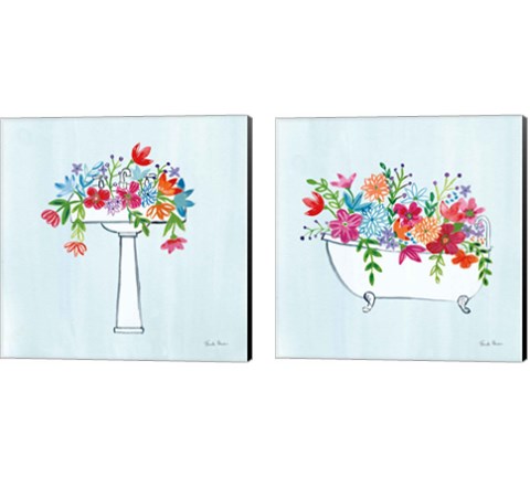 Floral Bathroom Light Blue 2 Piece Canvas Print Set by Farida Zaman