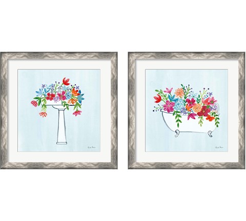 Floral Bathroom Light Blue 2 Piece Framed Art Print Set by Farida Zaman