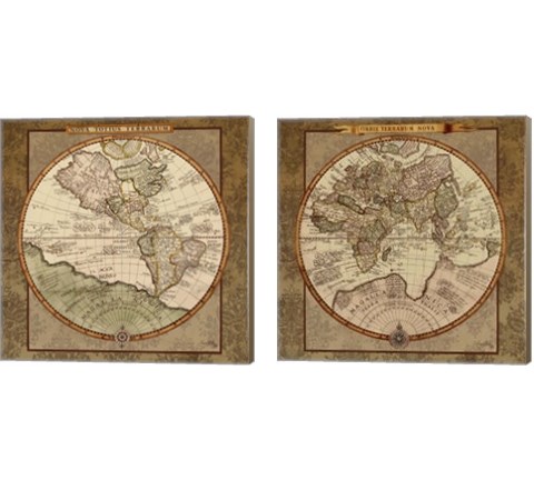 Damask World Map 2 Piece Canvas Print Set by Elizabeth Medley