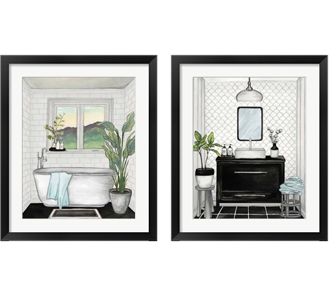Modern Black and White Bath 2 Piece Framed Art Print Set by Elizabeth Medley