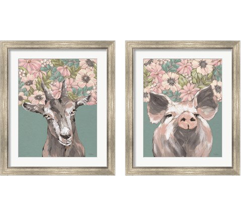 Floral Farm Animals 2 Piece Framed Art Print Set by Michele Norman