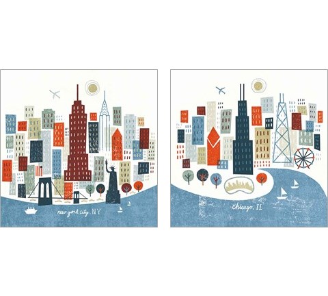 Colorful Chicago & New York 2 Piece Art Print Set by Michael Mullan