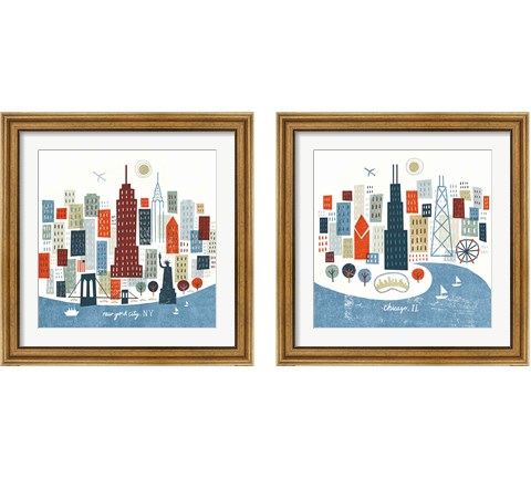 Colorful Chicago & New York 2 Piece Framed Art Print Set by Michael Mullan