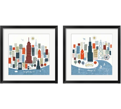 Colorful Chicago & New York 2 Piece Framed Art Print Set by Michael Mullan