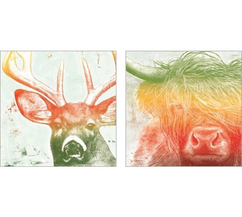 Norwegian Bison & Deer Rainbow 2 Piece Art Print Set by Marie-Elaine Cusson