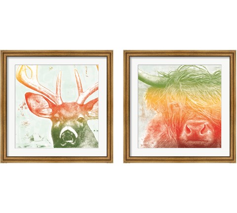 Norwegian Bison & Deer Rainbow 2 Piece Framed Art Print Set by Marie-Elaine Cusson