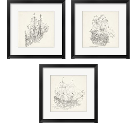 Antique Ship Sketch 3 Piece Framed Art Print Set by Richard Foust