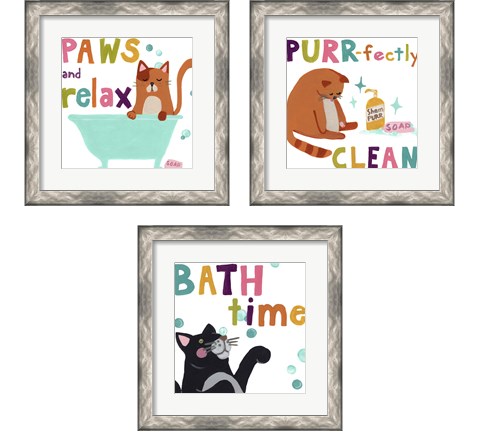 Cute Cat Bath 3 Piece Framed Art Print Set by June Erica Vess