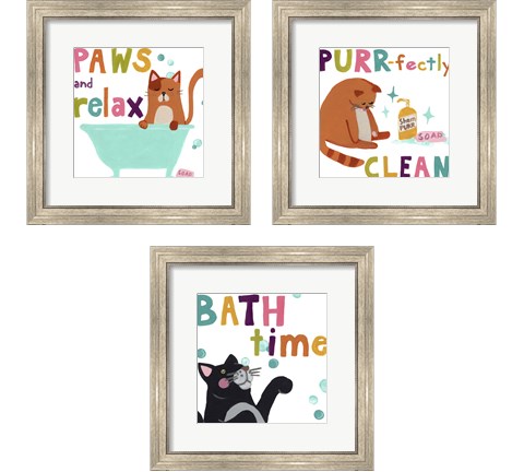 Cute Cat Bath 3 Piece Framed Art Print Set by June Erica Vess