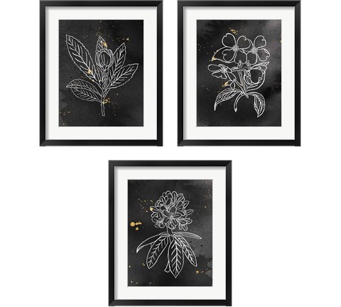 Indigo Blooms Black 3 Piece Framed Art Print Set by Wild Apple Portfolio