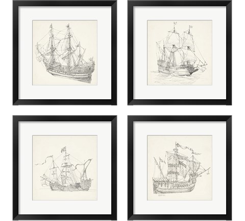Antique Ship Sketch 4 Piece Framed Art Print Set by Richard Foust