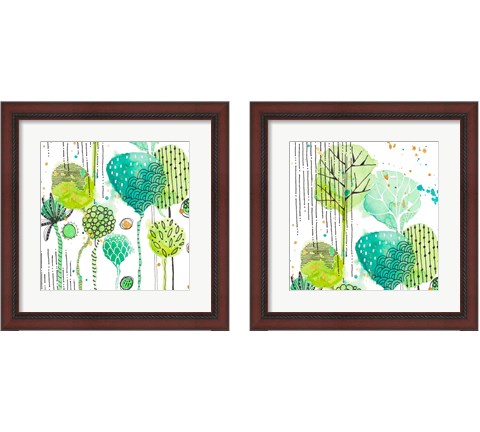 Green Stamped Leaves Square 2 Piece Framed Art Print Set by Krinlox