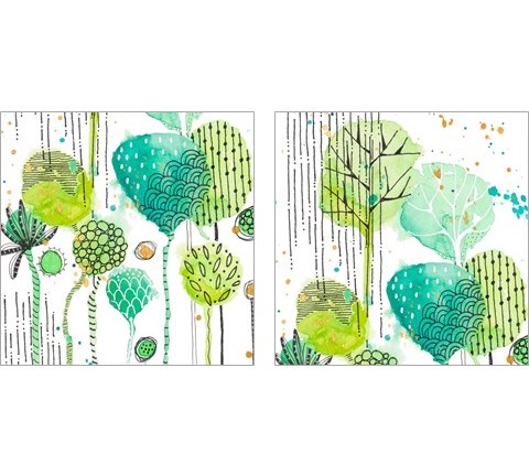 Green Stamped Leaves Square 2 Piece Art Print Set by Krinlox