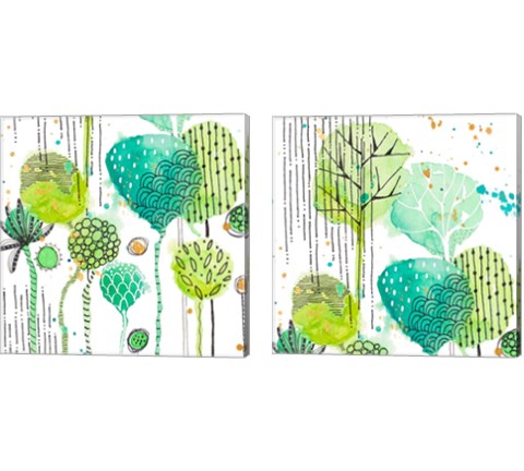 Green Stamped Leaves Square 2 Piece Canvas Print Set by Krinlox