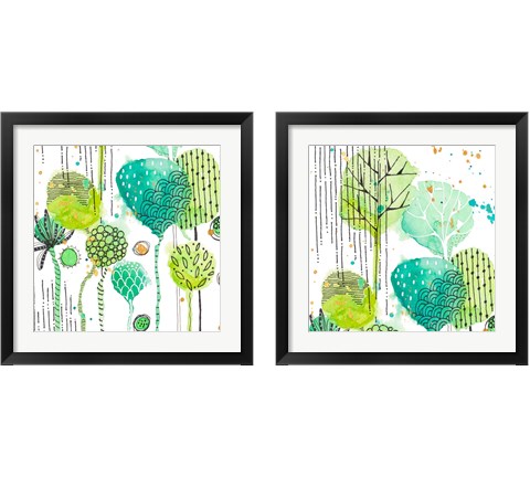 Green Stamped Leaves Square 2 Piece Framed Art Print Set by Krinlox