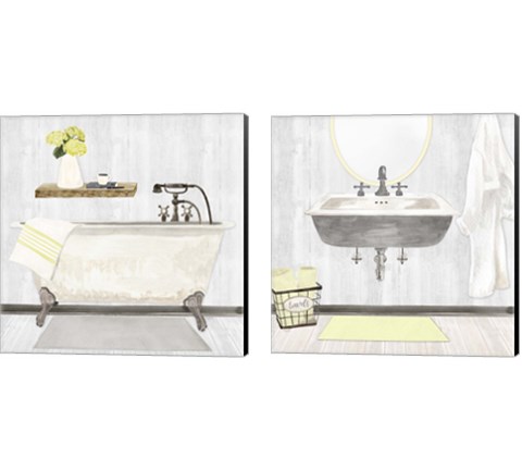 Farmhouse Bath II Gray & Yellow 2 Piece Canvas Print Set by Tara Reed