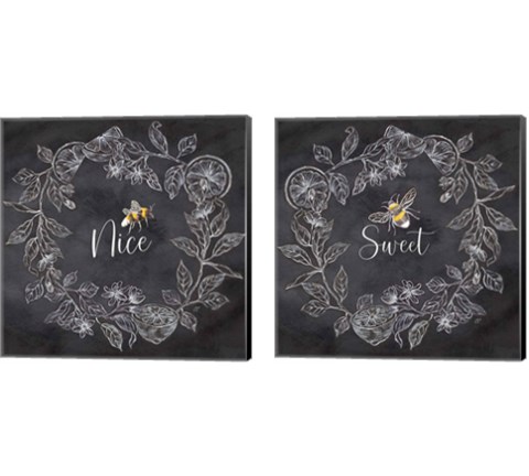 Bee Sentiment Wreath Black 2 Piece Canvas Print Set by Cynthia Coulter