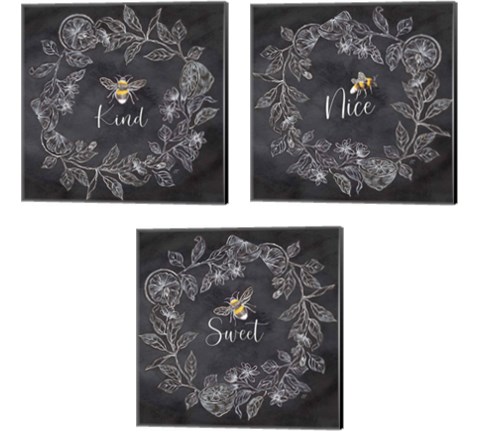 Bee Sentiment Wreath Black 3 Piece Canvas Print Set by Cynthia Coulter