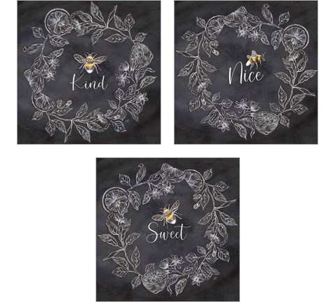 Bee Sentiment Wreath Black 3 Piece Art Print Set by Cynthia Coulter