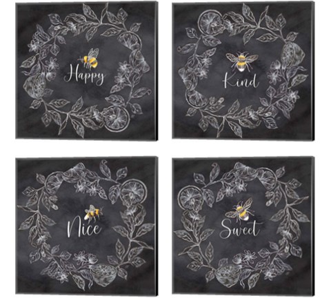 Bee Sentiment Wreath Black 4 Piece Canvas Print Set by Cynthia Coulter
