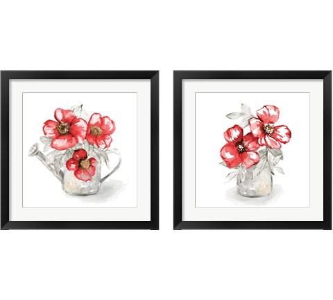 Red Florals In Watering Can 2 Piece Framed Art Print Set by Lanie Loreth