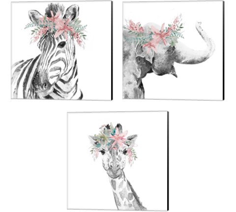 Safari Animal with Flower Crown 3 Piece Canvas Print Set by Patricia Pinto