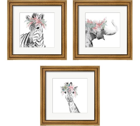 Safari Animal with Flower Crown 3 Piece Framed Art Print Set by Patricia Pinto
