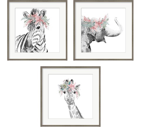 Safari Animal with Flower Crown 3 Piece Framed Art Print Set by Patricia Pinto