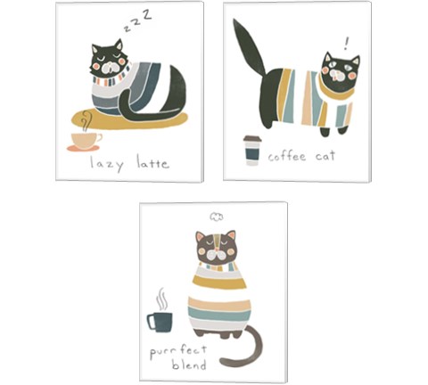 Coffee Cats 3 Piece Canvas Print Set by June Erica Vess