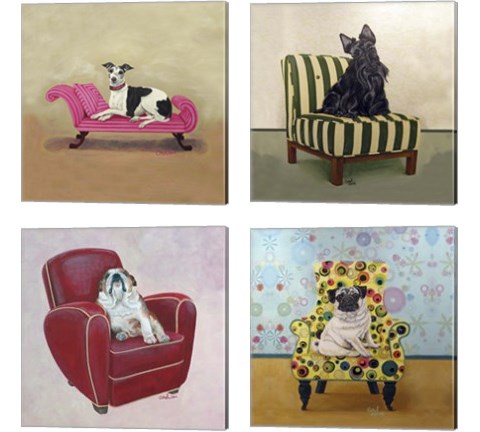 Bulldog on Red 4 Piece Canvas Print Set by Carol Dillon