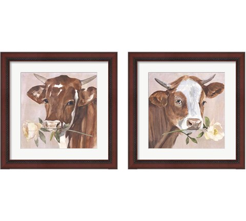 Peony Cow 2 Piece Framed Art Print Set by Annie Warren
