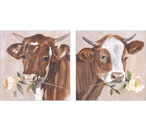 Peony Cow 2 Piece Art Print Set by Annie Warren