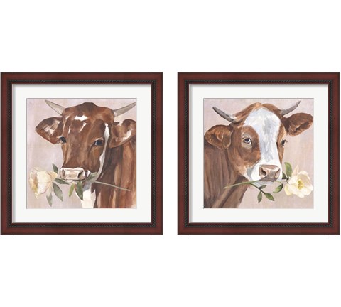 Peony Cow 2 Piece Framed Art Print Set by Annie Warren