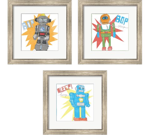 Toy Tin Robots 3 Piece Framed Art Print Set by Jennifer Parker