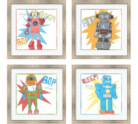 Toy Tin Robots 4 Piece Framed Art Print Set by Jennifer Parker