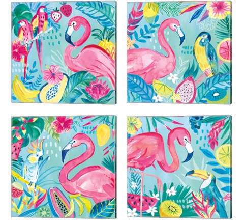 Fruity Flamingos 4 Piece Canvas Print Set by Farida Zaman