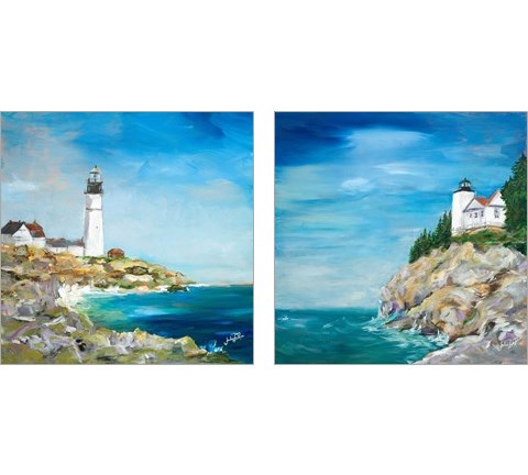 Lighthouse on the Rocky Shore 2 Piece Art Print Set by Julie DeRice