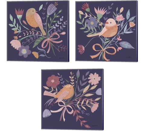 Royal Birds Purple 3 Piece Canvas Print Set by Farida Zaman