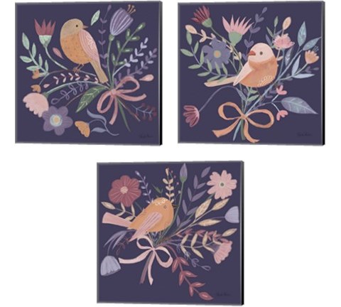 Royal Birds Purple 3 Piece Canvas Print Set by Farida Zaman