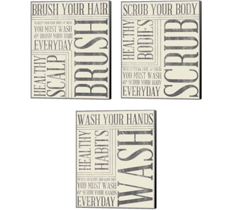 Bath Reminders in Gray 3 Piece Canvas Print Set by SD Graphics Studio