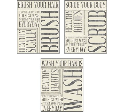 Bath Reminders in Gray 3 Piece Art Print Set by SD Graphics Studio