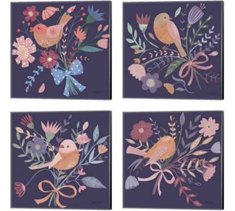 Royal Birds Purple 4 Piece Canvas Print Set by Farida Zaman