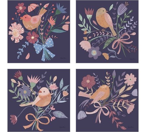 Royal Birds Purple 4 Piece Art Print Set by Farida Zaman