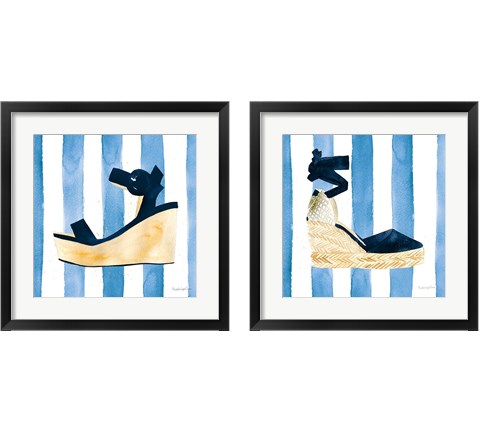 Beach Glam Navy on Stripes 2 Piece Framed Art Print Set by Mercedes Lopez Charro