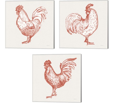 Cottage Rooster Red 3 Piece Canvas Print Set by Sue Schlabach