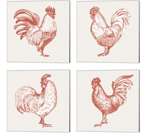 Cottage Rooster Red 4 Piece Canvas Print Set by Sue Schlabach