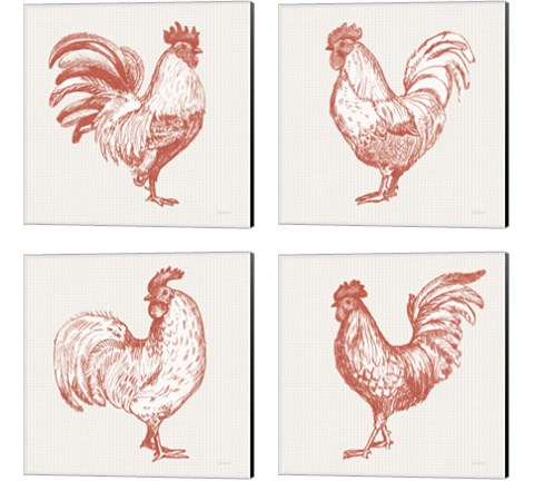 Cottage Rooster Red 4 Piece Canvas Print Set by Sue Schlabach